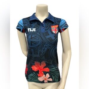 Fijian Pride Women’s Polo Shirt Size 8 Medium Blue Floral Tribal NEW